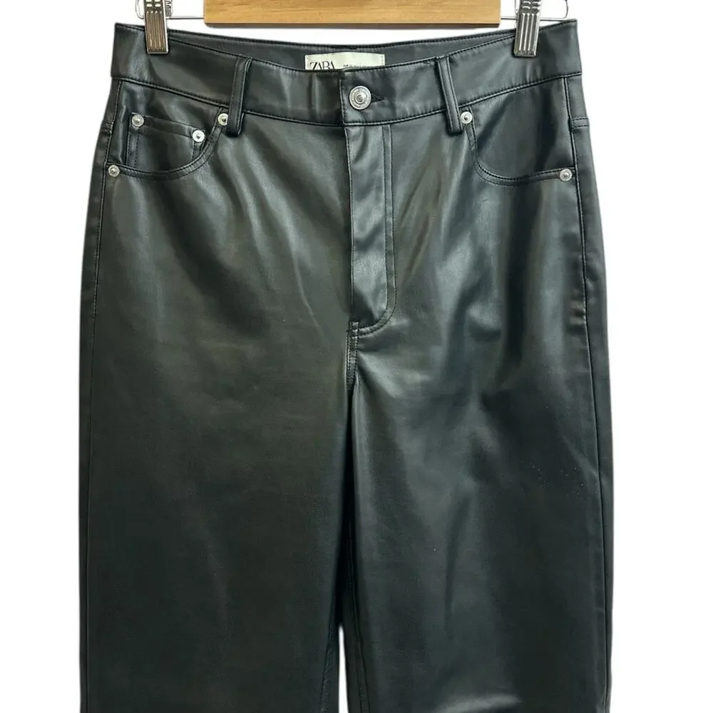 Zara Black Faux Leather High Waisted Pants Trousers USA 6 EUR 38 Pockets Goth